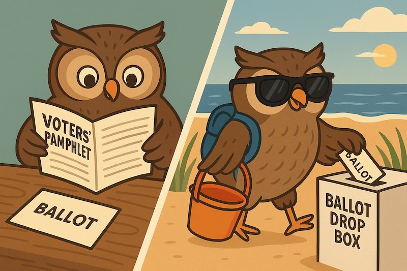 Owl voting / Owl at beach.